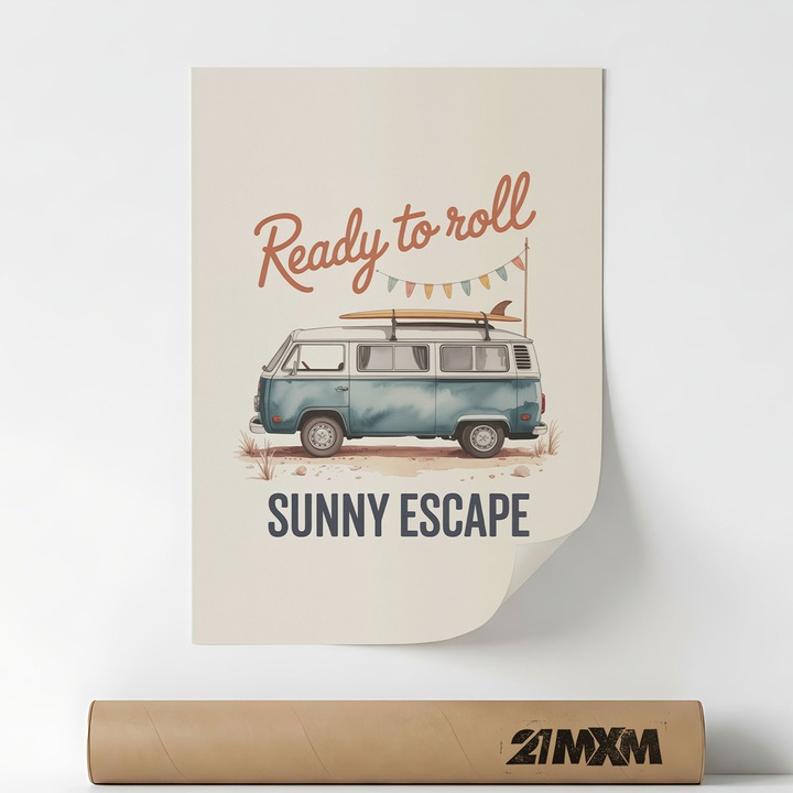 Постер „Готов за път – Слънчево бягство“ Pe Panza Mata – Минималистичен дизайн, A3 (29.7 x 42 cm), Без рамка