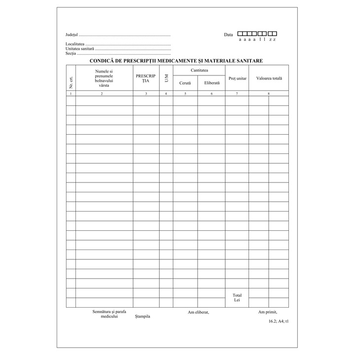 Condica de prescriptii medicamente si materiale sanitare, Format A4, autocopiativa 2 exemplare, 50 seturi