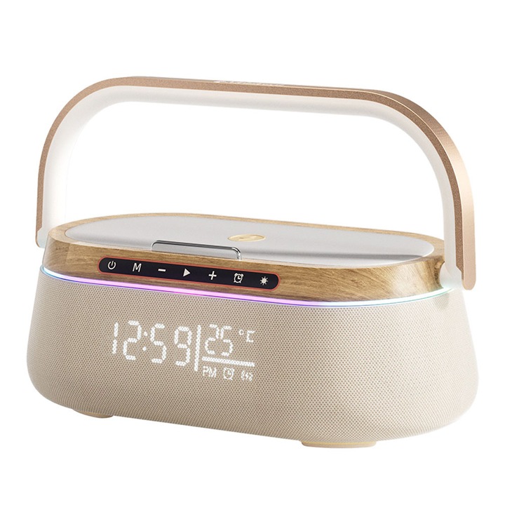 Многофункционална кутия iHunt BedSide 9 в 1, Bluetooth 5.4, безжично зарядно 15W, часовник и аларма, RGB осветление, 1800mAh, дървен дизайн