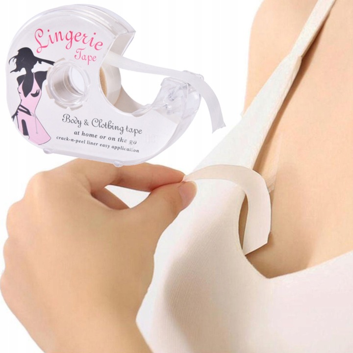 Kétoldalas Ragasztószalag Testre, SNM, 5m-es Tekercs Ruhákhoz és Bőrhöz, Átlátszó és Diszkrét, Rögzíti a Dekoltázst és a Pántokat, Hipoallergén és Bőrbarát, Nem Hagy Nyomot, Adagolót Tartalmaz Vágóval, 5m x 1.6cm
