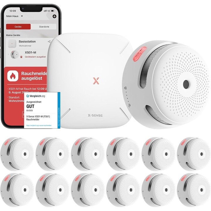 Set 12 detector de fum smart wireless cu statie de baza WiFi, senzor fotoelectric, alarma 85 dB, control prin aplicatie, 500 m raza interconectare, X-Smart