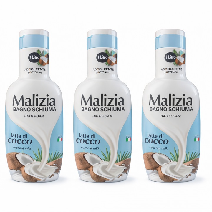Set spumant de baie Malizia Bagno Schiuma Latte de Cocos, 3 x 1L, emolient, unisex, pentru toate tipurile de piele
