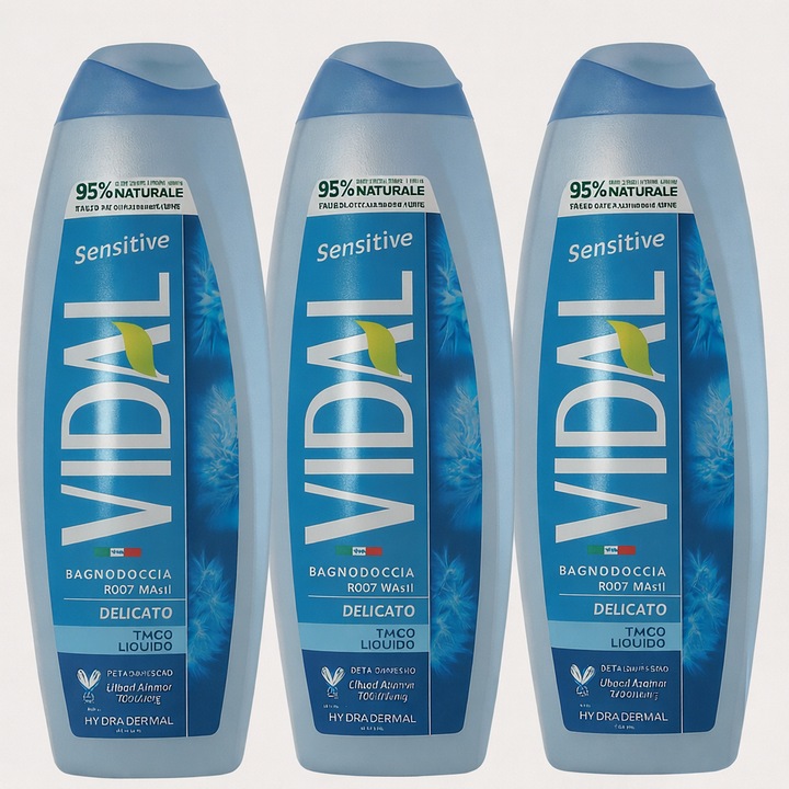 Set gel de duș Vidal Sensitive Talco Liquido 3 x 500 ml, pentru piele sensibilă, cu 95% ingrediente naturale