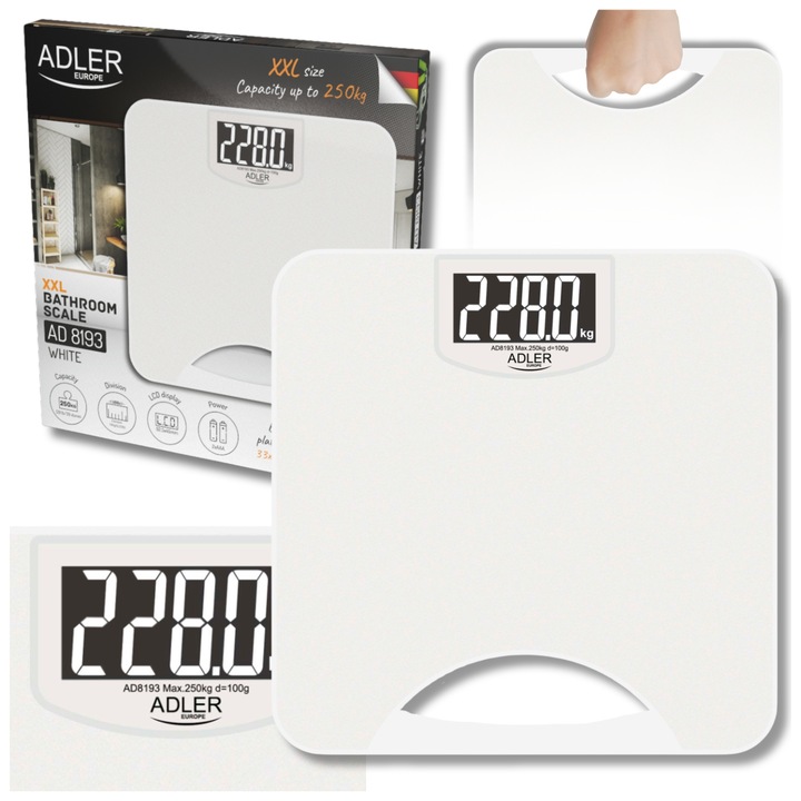 Cantar De Baie, Adler, AD 8193, 30 cm, Capacitate De Pana La 250 kg, Precizie 100 G, Ecran LCD Mare 92.5 × 45 mm, Cu 2 Baterii Aaa, Picioare Antiderapante, Alb