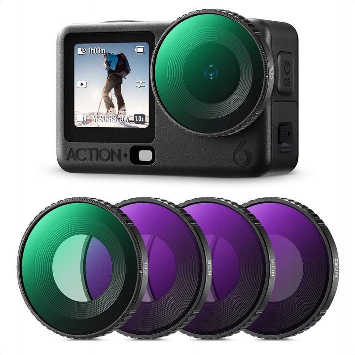 Set filtre, KF, CPL + ND8 + ND16 + ND32, pentru DJI Osmo Action 6, 4 piese, control complet al luminii, estompare naturala a miscarii, reducere a reflexiilor, calitate inalta a imaginii, impermeabil, oleofob, rezistent la zgarieturi, cadru din aluminiu