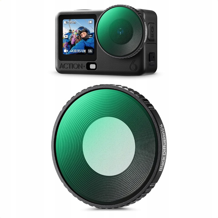 Filtru, K&F Concept, Black Diffusion 1/4, pentru camera DJI Osmo Action 6, sticla optica HD, impermeabila, oleofoba, rezistenta la zgarieturi, rama din aluminiu, grosime 5, 6 mm, suport filetat, setul include: filtru, carcasa de protectie, laveta de