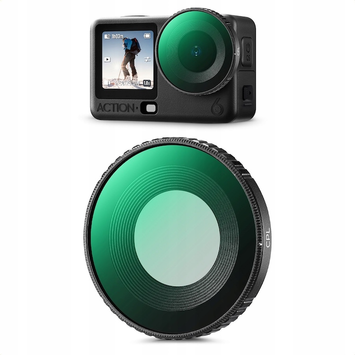 Кръгов поляризиращ филтър CPL, K&F Concept, KF12.0038, за DJI Osmo Action 6, HD оптично стъкло, водоустойчив, олеофобен, устойчив на надраскване, алуминиева рамка, дебелина 5,6 мм, резбован монтаж, комплектът включва: филтър, защитен калъф