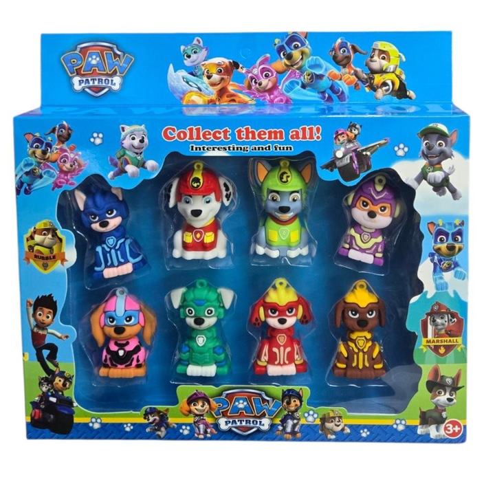 Set 8 figurine tip breloc Patrula Catelusilor, ideale pentru joaca sau ornarea torturilor