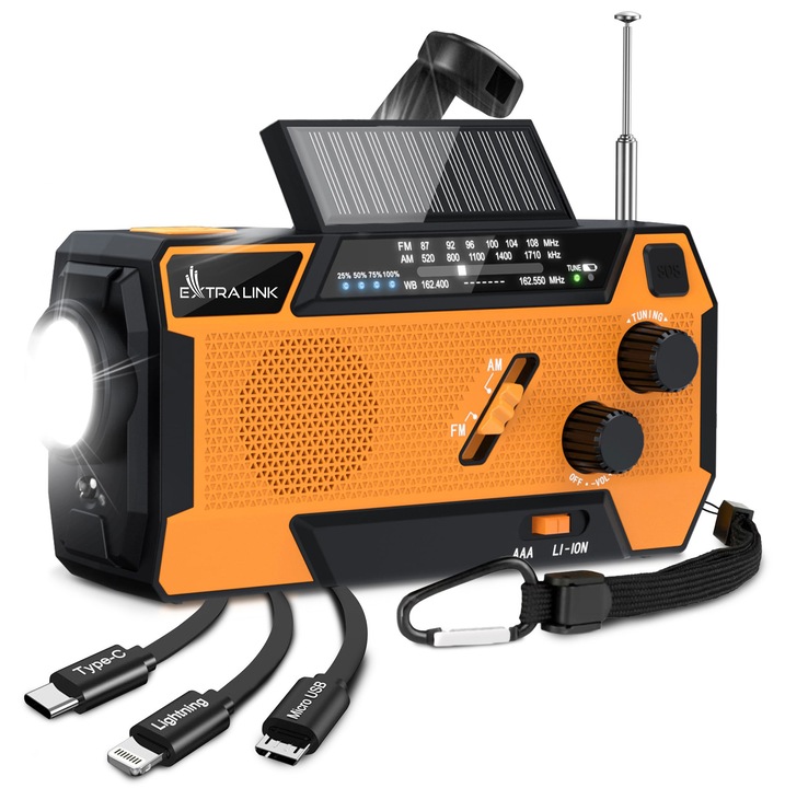 Extralink hordozható vészhelyzeti rádió, napelemes, kurblis, 4000 mAh powerbank, FM/AM rádió, LED lámpa, kempingezéshez és túrázáshoz