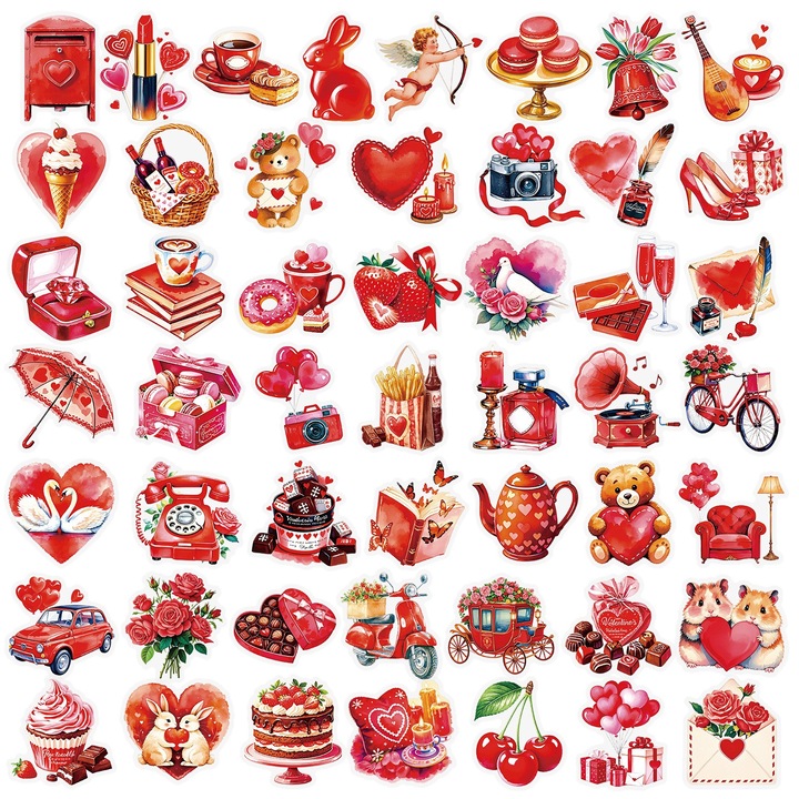 Set Stickere Decorative Ziua Îndrăgostiților, Inimi și Elemente Romantice, Culori Roșii și Roz, Ideal pentru Cadouri și Scrapbooking