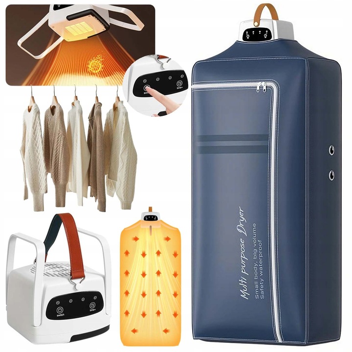 Uscător de haine pliabil, Albastru și alb, 123x46x26cm, 600W, 4 setări temporizator, portabil