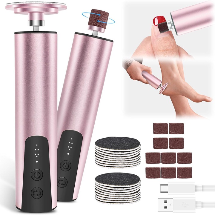 Pila Electrica Pentru Talpi si Calcaie 2 in 1, Bedee, 6 viteze, 1200mAh, Comutare inainte si inapoi, 20 de discuri de smirghel in doua dimensiuni+10 benzi de slefuire, Indepartare Piele Moarta, Calus si Piliti unghiile, 14,7x4,3x4,3 cm, Roz