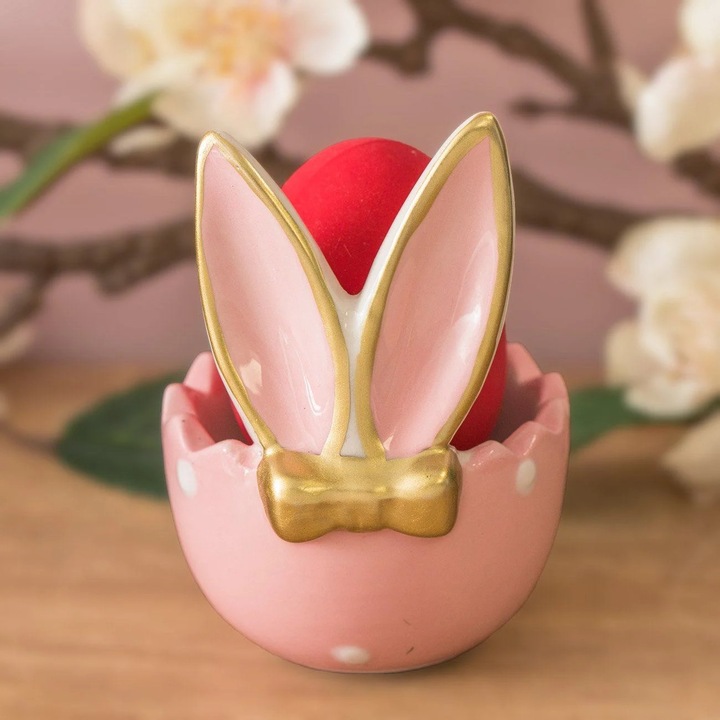 Suport ceramic cu urechi de iepure, roz, 6x6x9cm, pentru 1 ou de Paște