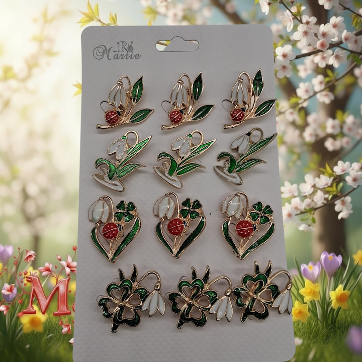 Set 12 Brose Martisor Premium Vision XXI, metalice, ghiocei, alb-verde