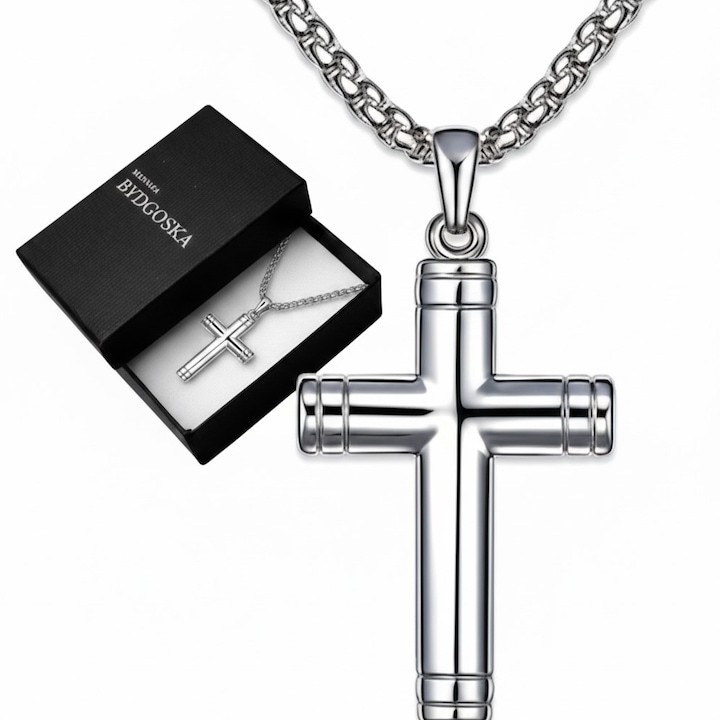 Colier barbatesc cu cruce, din otel chirurgical 316L, argintiu, lant tip pancer, verigi groase, lucios, solid, pentru iubit, pentru sot, pentru el, clasic, la moda