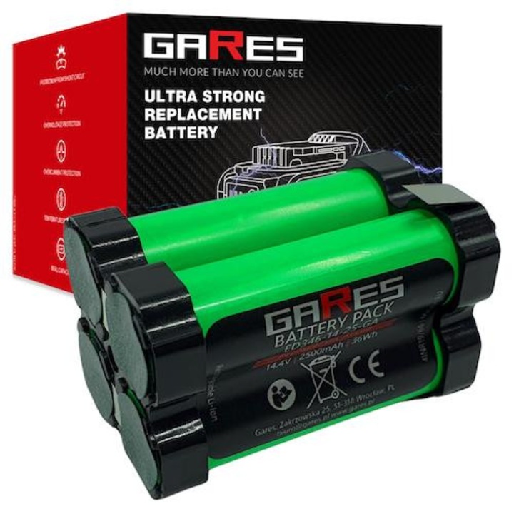 Baterie, Gares, 14.4V, 2500mAh, Li-ion, Compatibil cu Gesipa Accubird, Protectie la supraincalzire si supraincarcare, Fara efect de memorie, 4.15 x 4.35 x 6.75 cm, Greutate: 0.183 kg, Negru