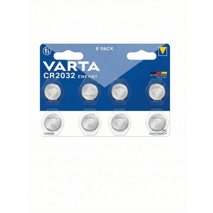 Set 8 baterii Varta Energy CR2032, Litiu, 3V, tehnologie Child Safety, pentru chei auto, cantare si telecomenzi