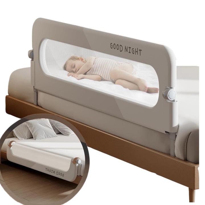 Bariera de protectie pentru pat copii, pliabila, cu inaltime reglabila 66-78cm, rabatabila, stabilitate U-shape, lavabila, plasa ventilata, 2 metri