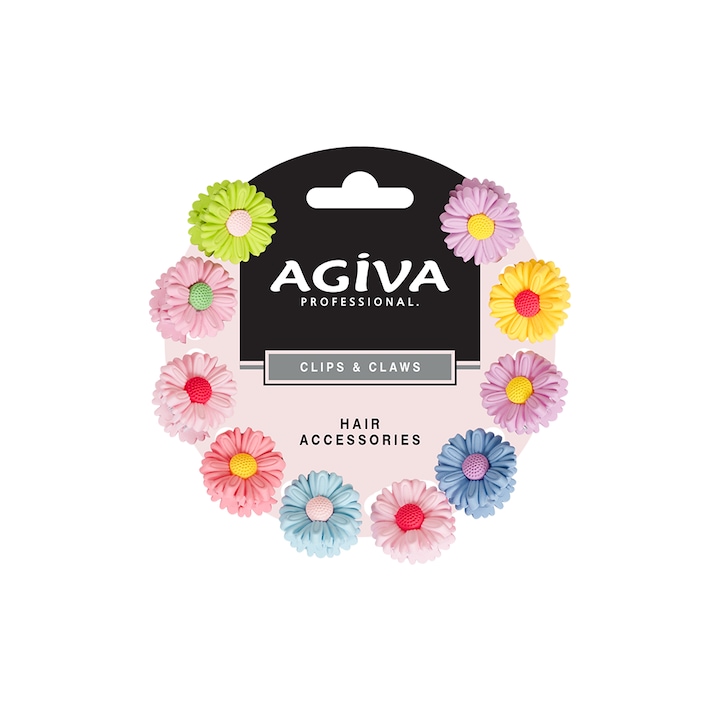 Mini clemă de păr Agiva Professional, 2 cm, 10 buc, Margarete, Colorate