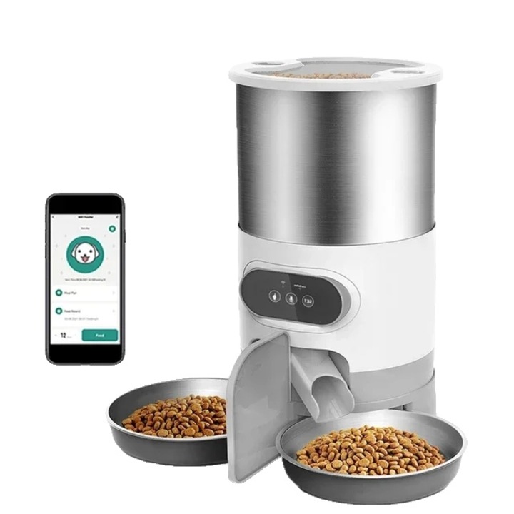 Автоматичен диспенсър за животни, 4.5L, 2 купи от неръждаема стомана, интелигентен сензор, презареждаща се батерия