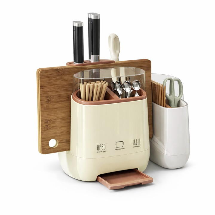 Suport cutite bucatarie Telux, 4 compartimente, plastic, cu capac si tava detasabila