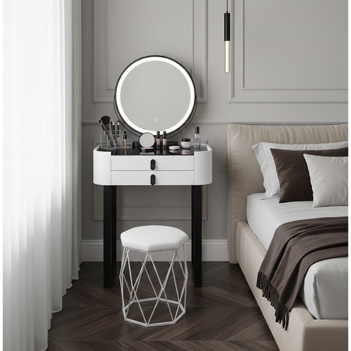 Masa Toaleta, MOBATELIER® Bianca, Oglinda Circulara Iluminata LED cu Control Touch, Masa Machiaj cu 2 Sertare si Taburet Tapitat Catifea, Blat Sticla, Picioare Metalice Negre, Design Modern, Set Toaleta Dormitor, 60x38x76 cm, Alb/Negru