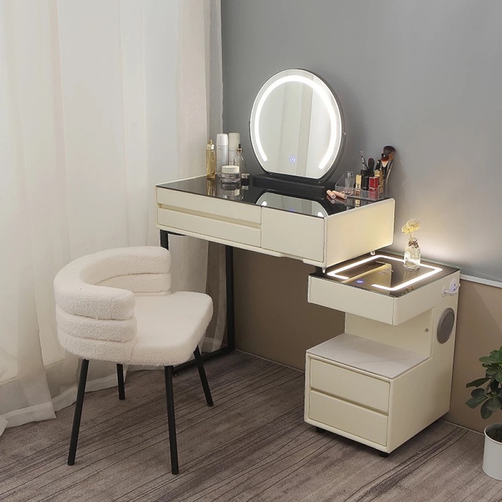 Masa Toaleta, MOBATELIER®, BEATRICE, Oglinda LED cu Control Touch, 3 Culori, Iluminare Reglabila, Incarcare Wireless si USB, Difuzor Bluetooth, Masa Machiaj cu 5 Sertare, Comoda LED, Scaun Tapitat Catifea, Blat Sticla Securizata, Ivory