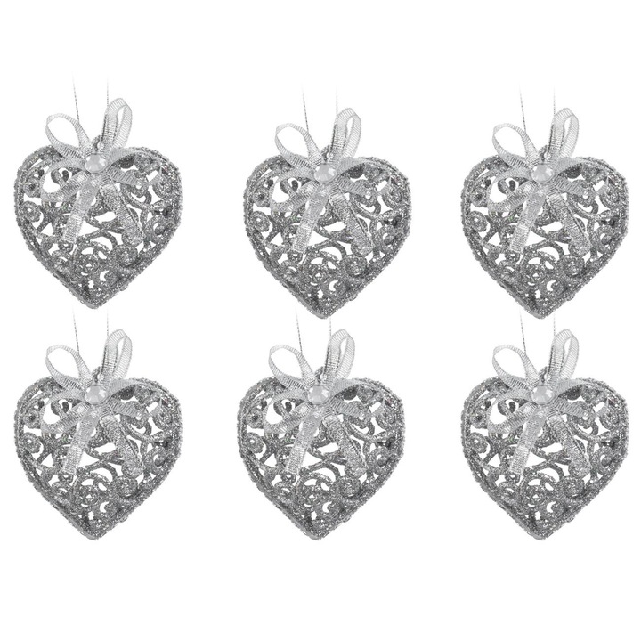Set Ornamente de Craciun Inimi Argintii Glitter Funda 6cm - 6buc