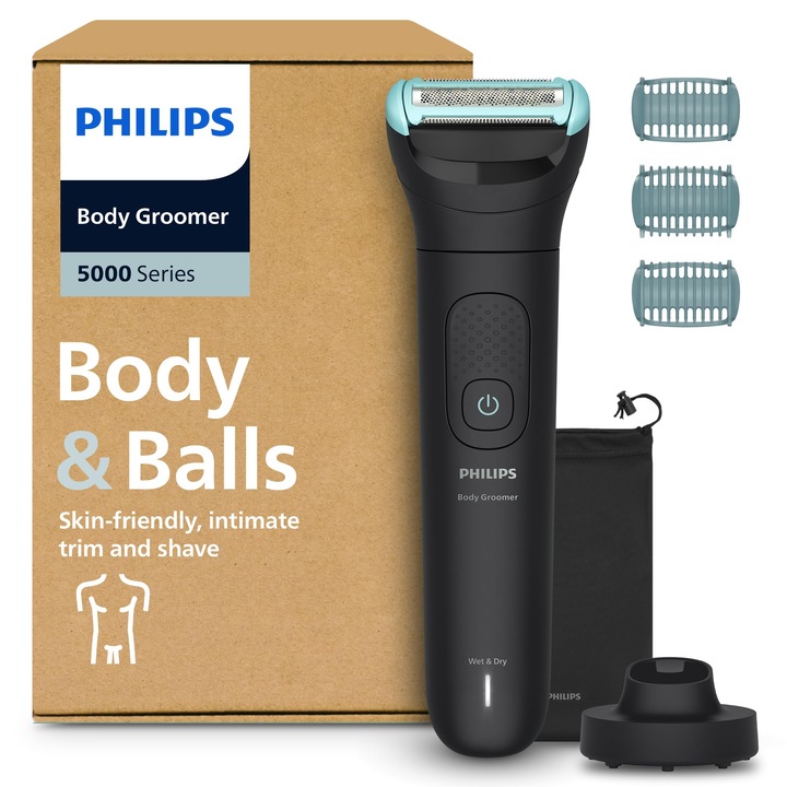 Тример за тяло Philips Bodygroom 5000, 100% водоустойчив, използване в интимна зона, 100 мин автономност