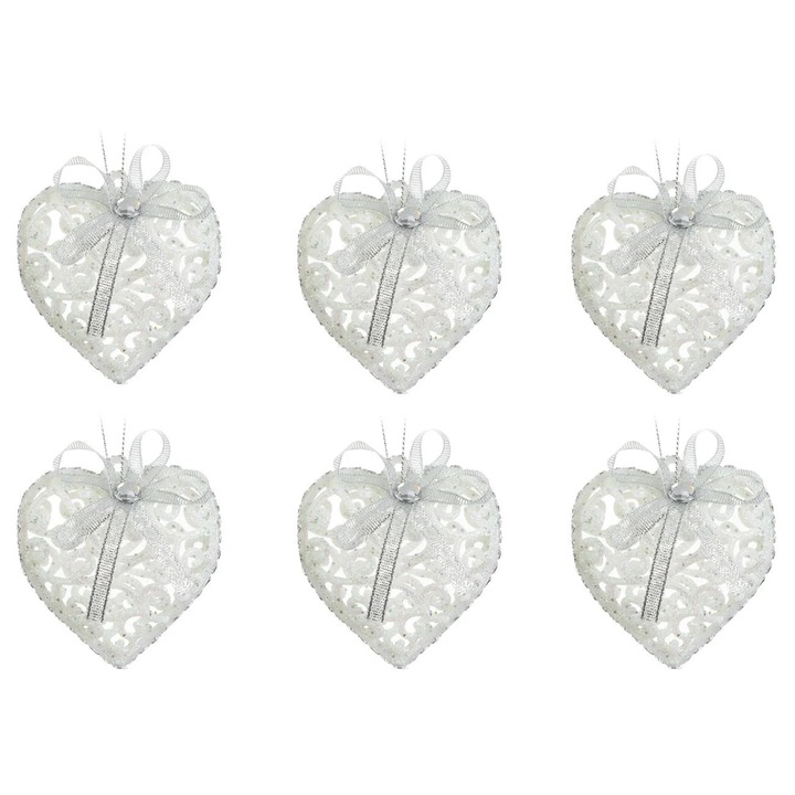 Set Ornamente de Craciun Inimi Albe Funda Argintie Piatra Alba 8cm - 6buc