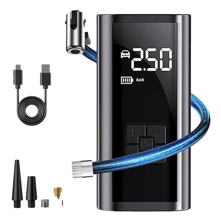 Pompa de Aer Auto, Detectie Inteligenta a Presiunii, Utilizare Versatila, Fara Fir, Alimentata cu Baterii