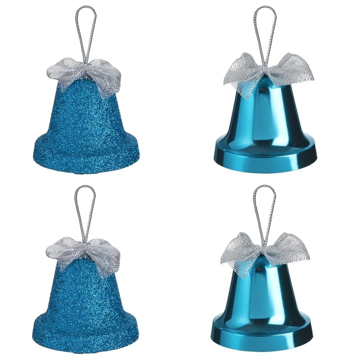 Set Ornamente de Craciun Clopote Turcoaz Glitter Funda Argintie 6cm - 4buc