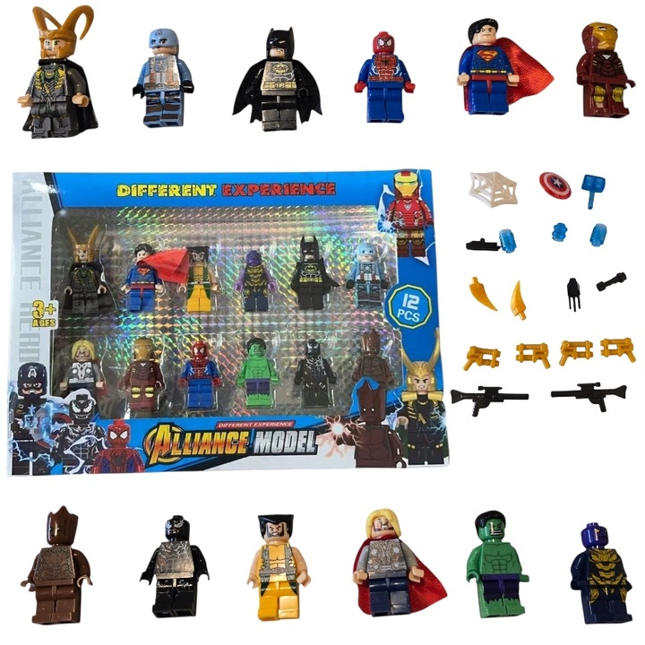 Jucarie set 12 Mini Figurine Supereroi blocuri de constructie cu accesorii incluse - arme, scut, multicolore perfecte pentru joaca creativa si colectionare sau orice activitate