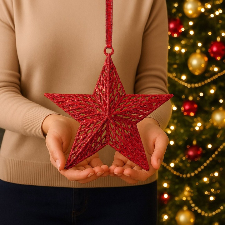 Ornament Brad de Craciun Stea Rosie Glitter 15cm