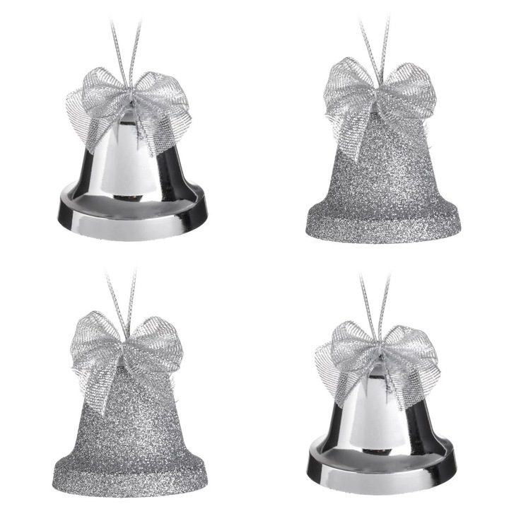 Set Ornamente de Craciun Clopote Argintii Stralucitoare Glitter 6cm - 4buc