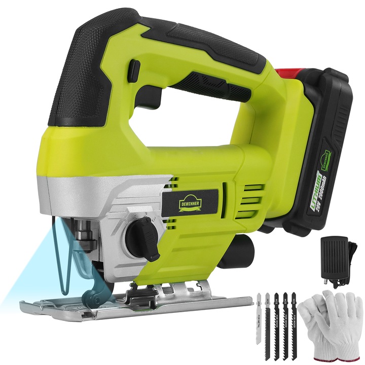 DEWINNER Fierastrau pendular pe acumulator 20V, 2400 curse/min, Taiere Lemn 56mm/Otel 6mm, cu Baterie 2,0 Ah, Incarcator, Cutie, Manusi si 5 Lame, Actiune Orbitala 4 Pozitii, Taiere in Unghi 0-45°