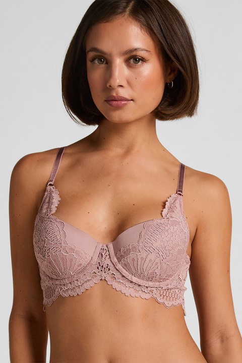 Hunkemoller, Sutien cu burete si insertii de dantela cu model floral Essie, Roz prafuit