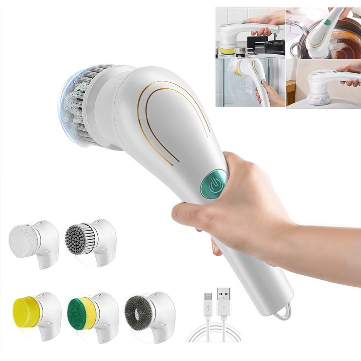 Perie de curățat electrică multifuncțională, 5 capete interschimbabile, impermeabilă IPX7, alb