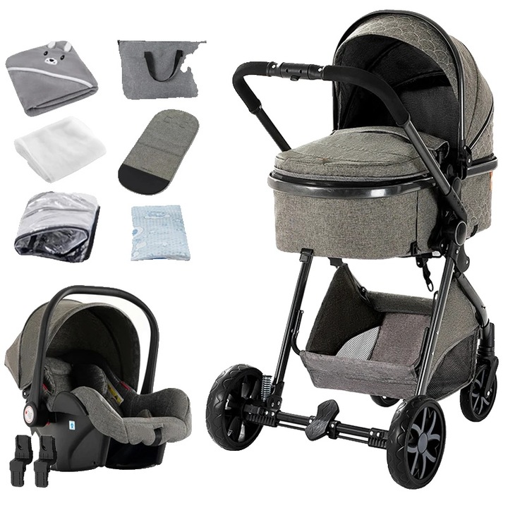 Carucior pentru copii, design pliabil, capacitate mare de stocare, gri inchis, 10kg