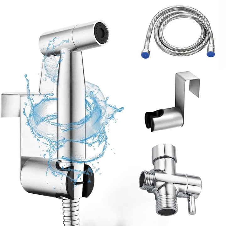 Set de dus FooFoony, bideu igienic din otel inoxidabil, furtun flexibil, argintiu