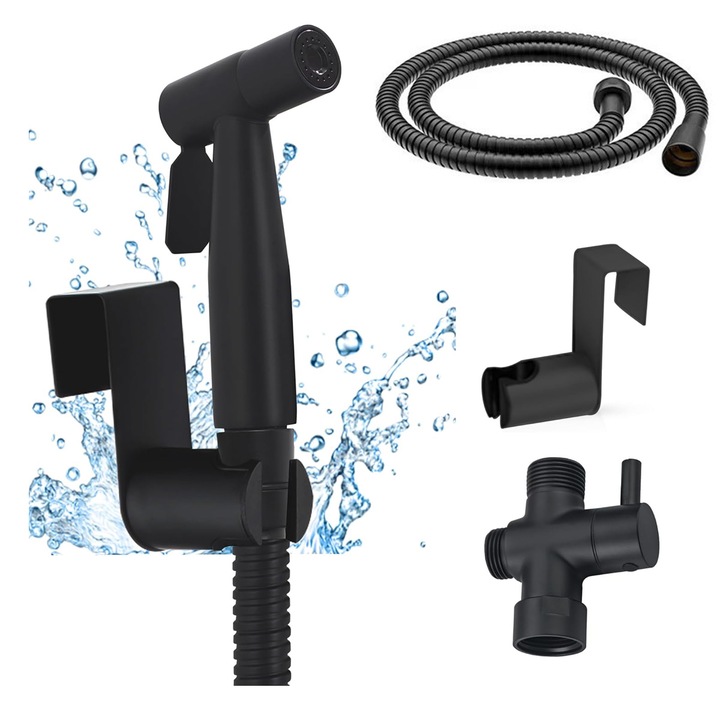 Set de Dus Igienic, FooFoony, Din Otel Inoxidabil, Negru, Presiune Reglabila, Furtun Flexibil