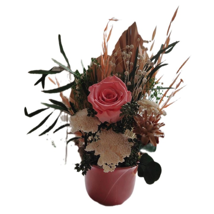 Aranjament floral cu trandafir criogenat in vas vintage din ceramica