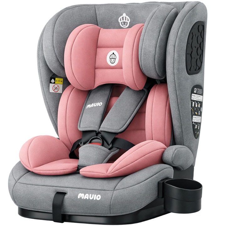 Scaun Auto Copii Mavio®, Model Active, ISOFIX + Top Tether, 76 – 150 cm, 9 – 36 kg, Copii 1 – 12 ani, Montaj cu Fata la Sensul de Mers, Tetiera Reglabila, Protectie Impact Lateral, Centura Siguranta 3 Puncte, Omologat R129, Gri/Roz
