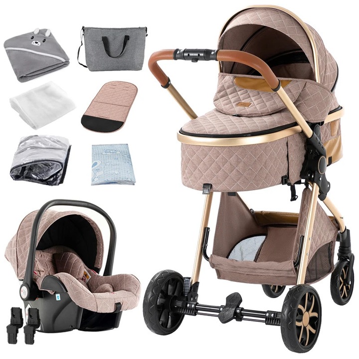 Бебешка количка, сгъваем дизайн, колела с амортисьори, каки, 10кг