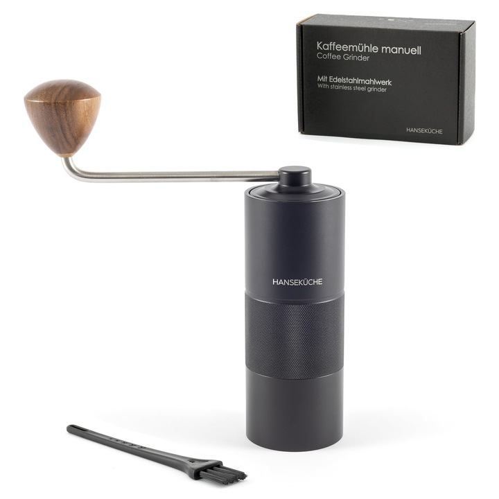 Rasnita de cafea Hansekuche, Rasnita manuala de cafea cu rasnita de precizie din otel inoxidabil si maner din lemn, Rasnita conica pentru espresso, rasnita espresso, otel inoxidabil (negru)