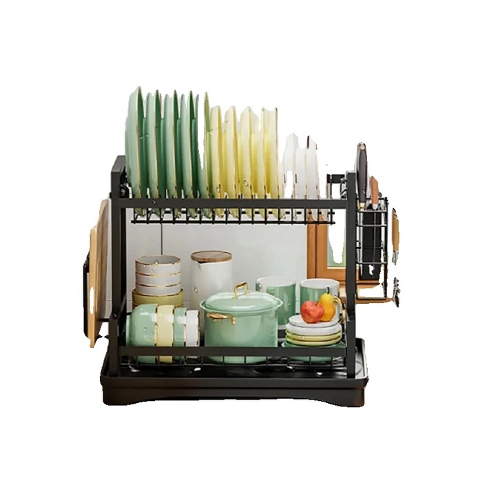 Scurgator vase din otel inoxidabil, 2 niveluri, 16.5x10.2x13.4 inchi, capacitate 20 vase, cu suport pentru ustensile