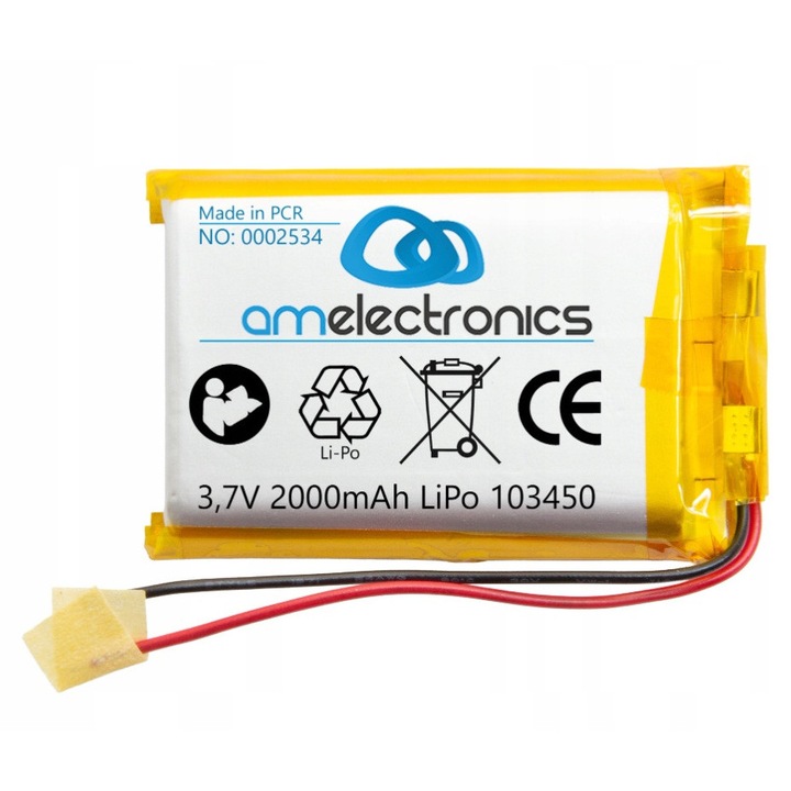 Acumulator LiPo 3,7V 2000mAh 103450, AM Electronics, dimensiuni 10x34x50mm, greutate 36g