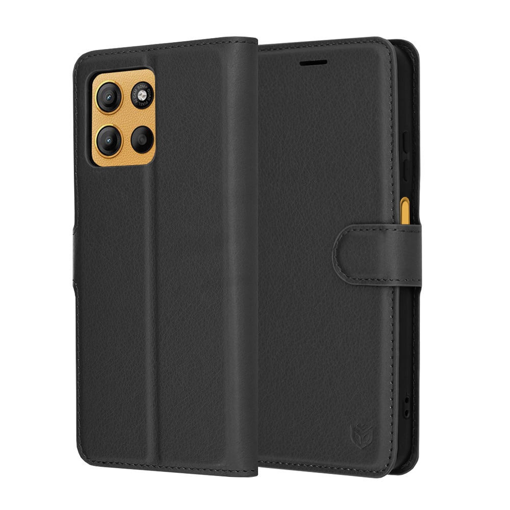 Husa pentru Motorola Moto G15 / Moto G15 Power, SKYDDAR INNOVATION, Leather Folio tip Carte, cu Portofel Interior, Finisaje Premium, set cu sticker, Negru