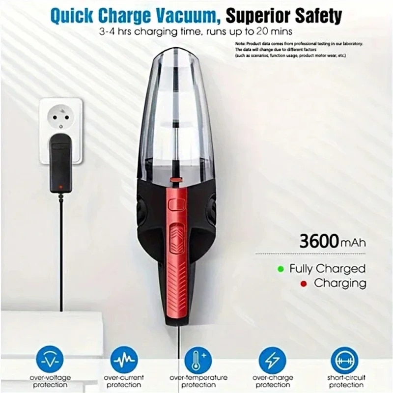 Aspirator portabil, design maner, putere de aspiratie, rosu, fara fir, accesorii incluse