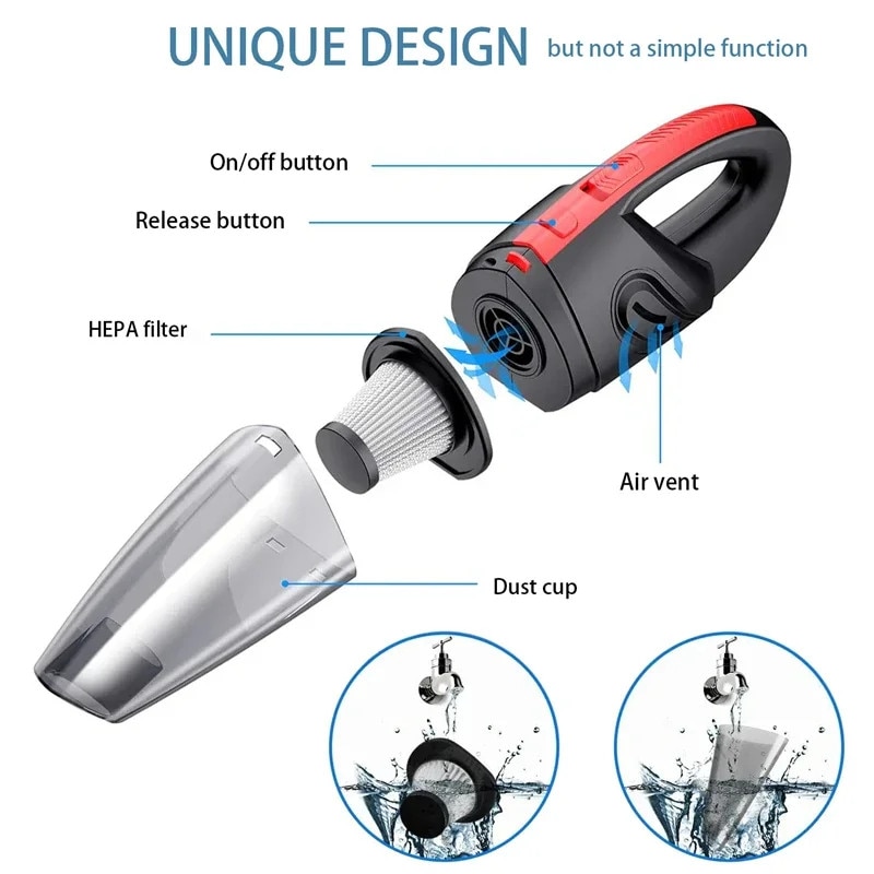 Aspirator portabil, design maner, putere de aspiratie, rosu, fara fir, accesorii incluse